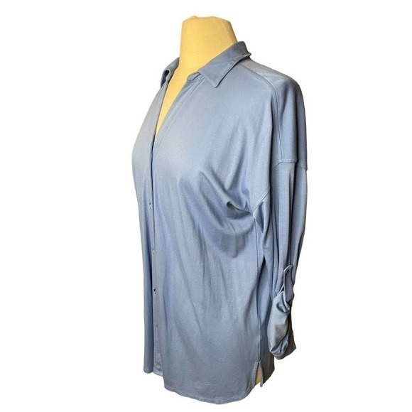 J Jill Button Front Blouse Roll Tab Sleeves Small Blue Collared Long Stretchy - Picture 2 of 9